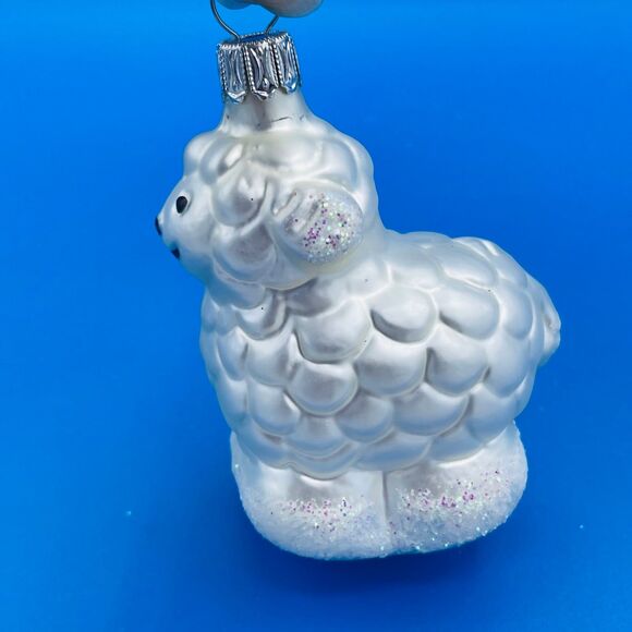 Cute White Glittery Blown Glass Fluffy Sheep Lamp Christmas Tree Ornament - Picture 2 of 8